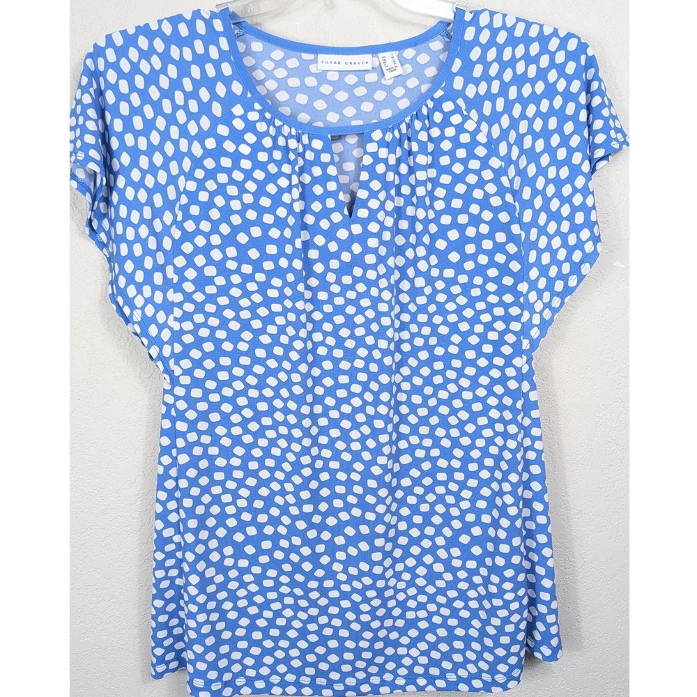 Susan Graver‎ Blue White Dot Keyhole Neck Short Sleeve Tunic Top Women's Size S - Picture 2 of 8